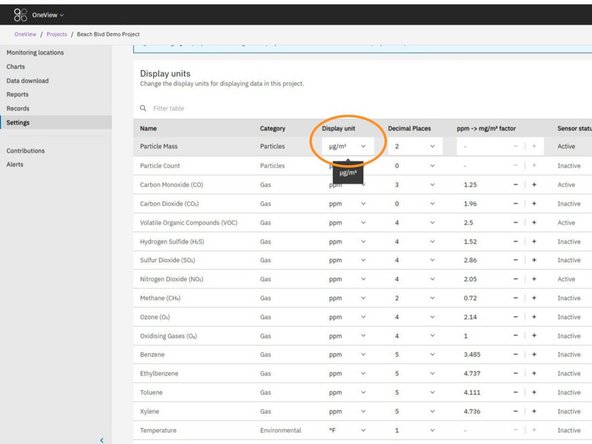 Locate the parameter (e.g., Particle Mass or Carbon Monoxide) for which you want to change the display units.