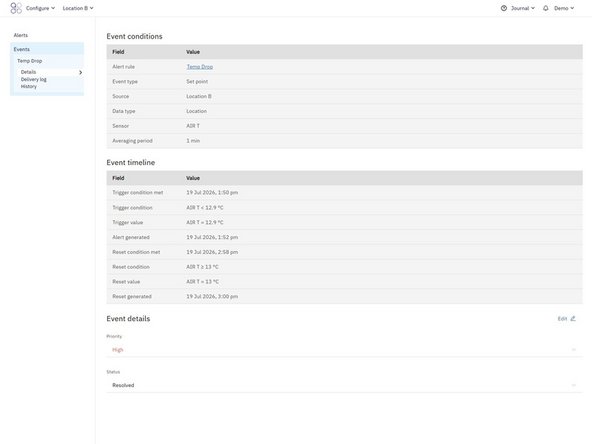After opening an event, the Details page provides information about why the event occurred.