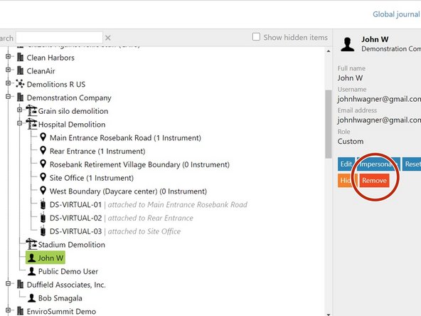To delete a user, simply select them in the hierarchy and click Remove.
