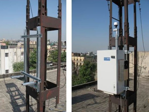 At this site, custom-made brackets secure the monitor to a strong radio mast.