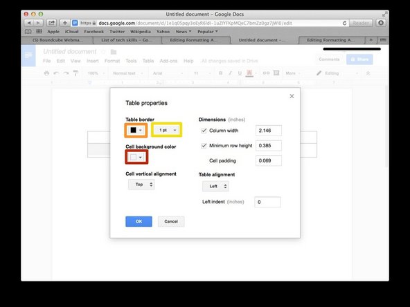 To give your table a different coloured background select the 'Cell background colour' option