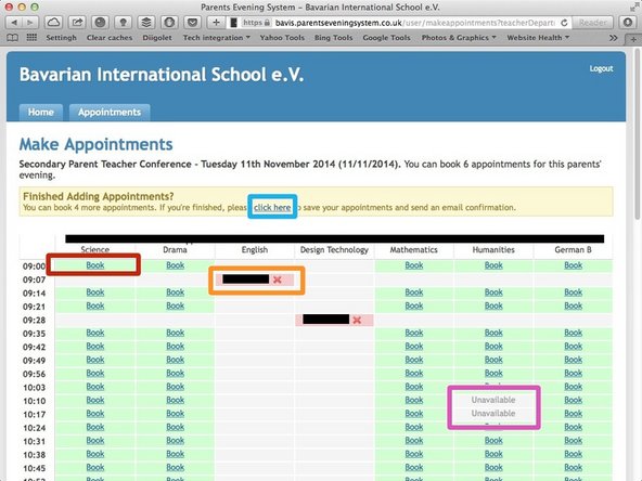 Locate a time and teacher and click 'Book'