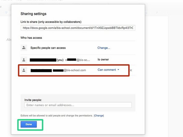 You should now see the name and e-mail of the teacher with whom the document is shared with below your own details