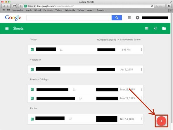 Click + button to create new spreadsheet