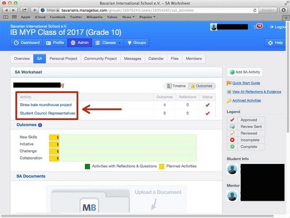 Click on the CAS activity you want to add the reflection to