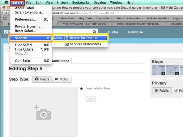 In any of your applications (here Safari), click on the name of the application in the menu bar