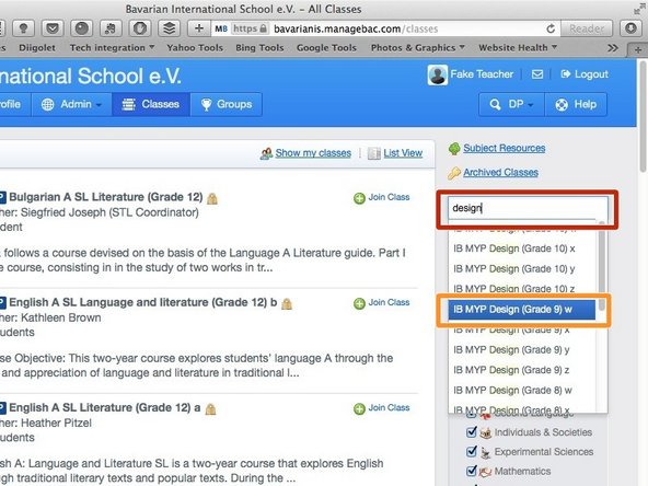 Start typing the name of the class. You may want to ask a student for the name of the class if you're not sure.