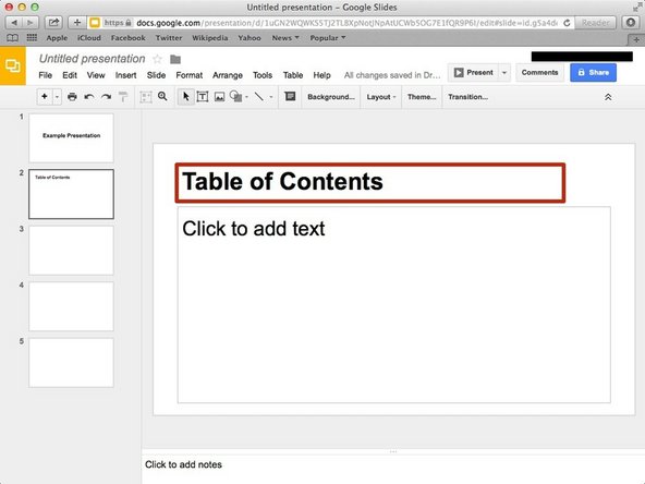 Rename the Second Slide to &quot;Table of Contents&quot; By clicking on the highlighted box.