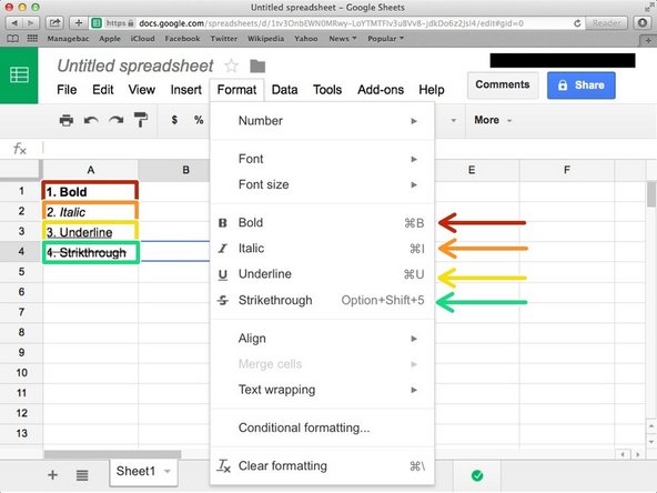 Press command+B (⌘+B) to make it Bold. Or click &quot;Format&quot;⇨&quot;Bold&quot;.