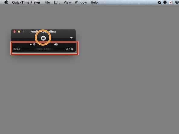The volume of your recording is represented graphically at the bottom of the recording window. Other information include the duration of your recording, and the filesize.