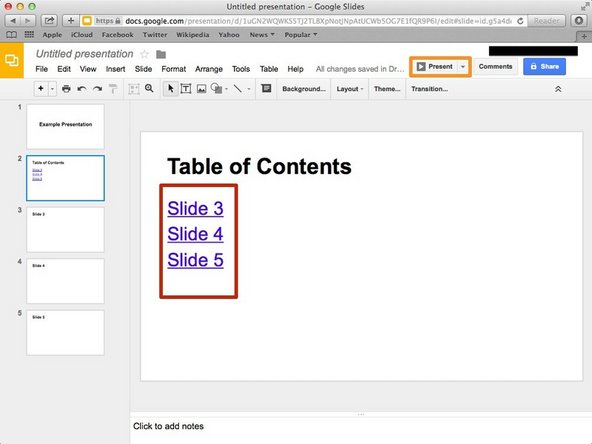 Clicking on each title will bring you to the third, fourth, or fifth slide.
