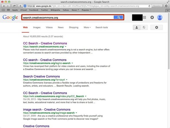 Search in the google search bar &quot;search.creativecommons.org&quot;. (example website)