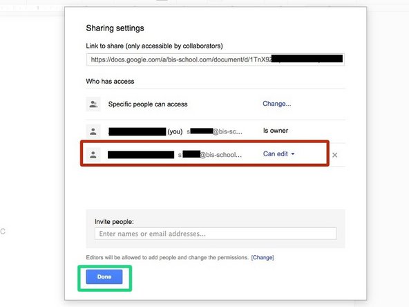 You should now see the name and e-mail of the friend with whom the document is shared with below your own details