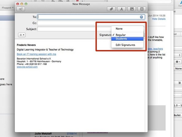 When you type an email, your email application will automatically add the top-most signature to your new emails. If you wish to select another signature, click on the drop down box named 'signature' in your new email window