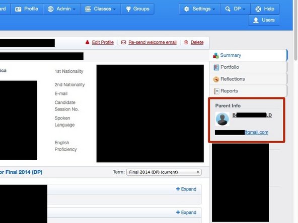 The parent information is under the 'Parent info' panel. There may be multiple parents listed.