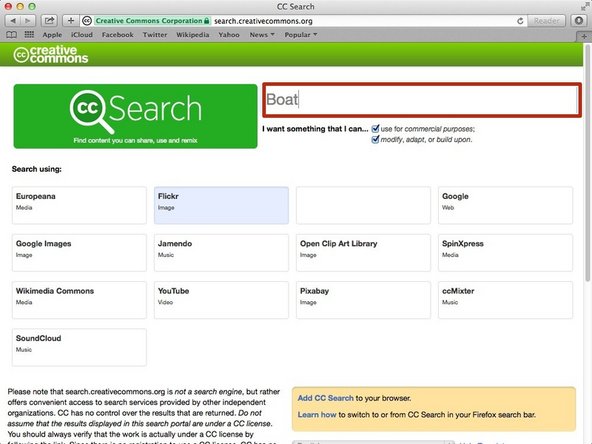 Enter your search query in the search box. An example search query is &quot;boat&quot;.