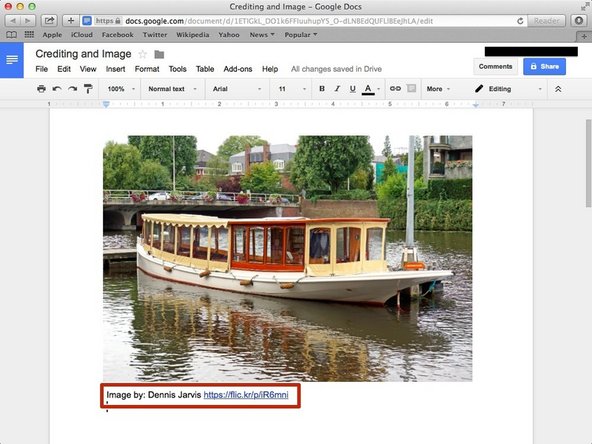 When crediting the image it should be placed next to the image whether it be underneath or to the side. The formatting is: Image by: (author's name) (hyperlink to image)