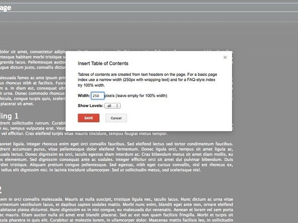 Enter in the size of the Table of contents