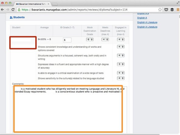 Scroll down to the text area of the student you are interested in