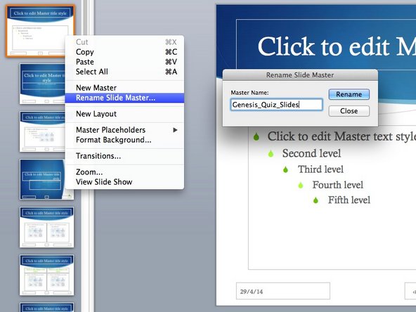 Rename the new slide layout to represent the Quiz slide layouts you will be making