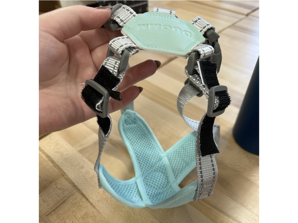 Then adhere the rough side of the velcro to the straps on the harness based on desired fit.