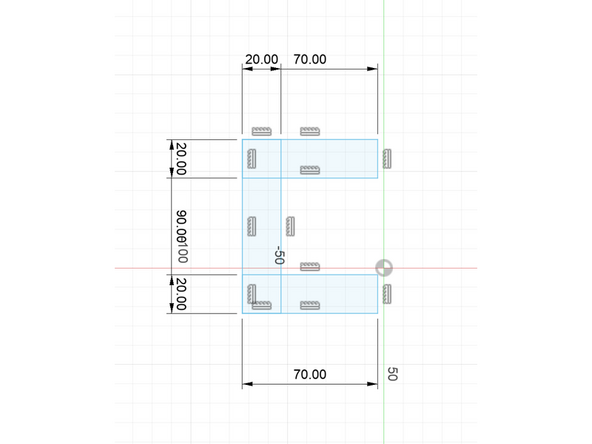 Create a sketch. The sketch should consist of three rectangles. For the two horizontal rectangles, make the width 20 mm and length 70 mm and for the one vertical rectangle, the width is the same and the length is 90mm.