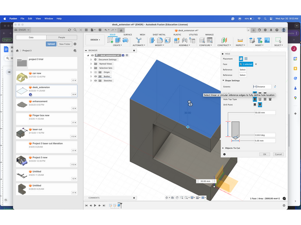 Using the hole function, make a 5mm hole on the top of the shape, drilling all the way through. Then make another hole on the bottom of the shape drilling 15mm in.