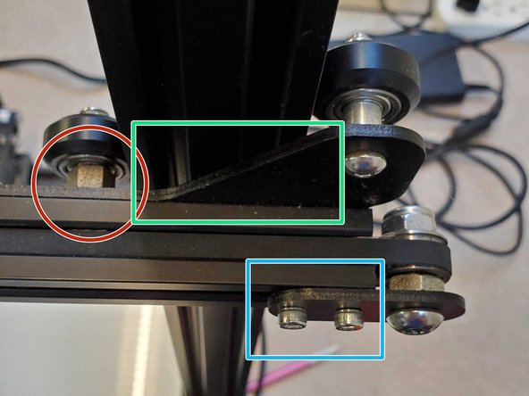 Tightness can be adjusted using the eccentric nuts marked in red, there is also one on the underside of the moving carriage that adjusts its tightness to the gantry. That one should be as loose as possible without there being any play between the carriage and gantry