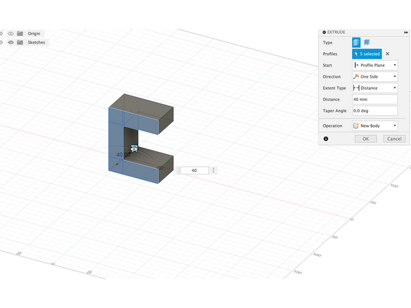 Extrude the entire sketch to 40mm.