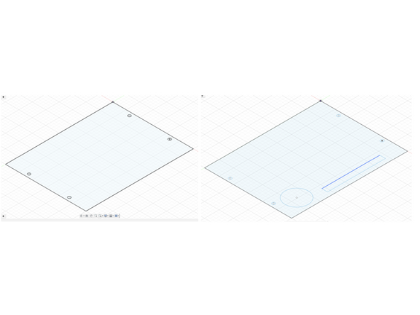 Sketch the table board in fusion as a rectangle and an additional sketch with cup and pen slots for the top table board, with four holes pre-drilled in the sketch for the bolt holes