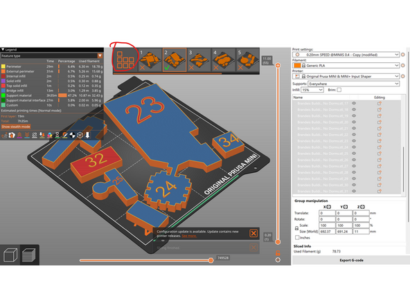 This will only slice one tray, however. To slice all of them at once, in the tray-switch menu, press the button with seven squares to slice every tray at once.