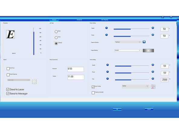 First thing's first, change the Horizontal and Vertical numbers to 24 and 16 respectively. This is the size of the build area of the Epilog.