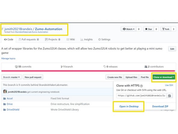 In your forked copy of the project, click clone or download, then open in github desktop.