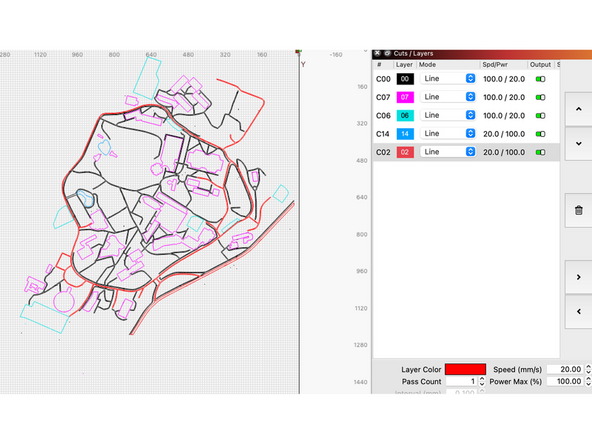 Then, on LightBurn change the outline of buildings, roads, water and pathways each to distinct colors. This will allow you to choose which features you want to cut all the way through and which to just have an outline for. For the purpose of our map, we cut out pathways and water and outlines academic buildings