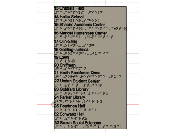Adding text between the braille is much simpler. Fusion’s text function works well, and a pt to mm guide is widely available. We used a 20 pt font, which is 7 mm in height.