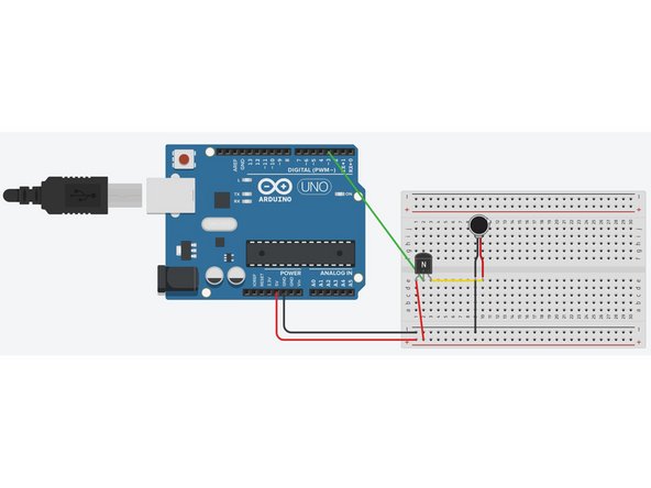 Take a male to male jumper(j.) wire  and attach it to a digital pin with PWM capabilities. Put the other end of that j. wire to column in the breadboard. In this column of the breadboard, the transistor's base pin will go here too.