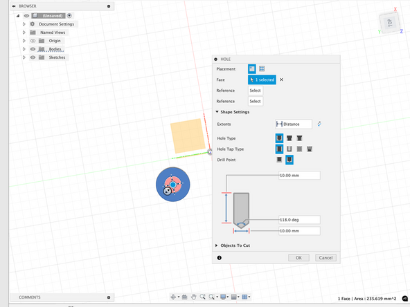 Add a hole using the hole function that is 10mm deep.