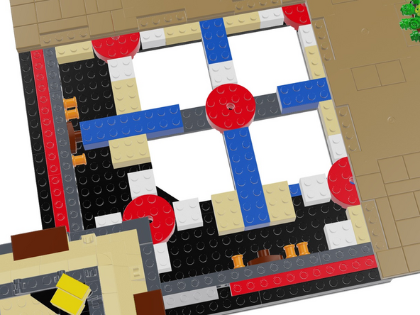 The two red arrows point to where two white 2x2 bricks should be removed. In a later step, you will re-attach these bricks to the bottom of the Section 3 plate you removed earlier.