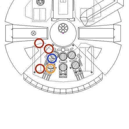 Next, you will disconnect the five lights inside the rear left compartment, including the hyperdrive.  The colored circles in the Falcon drawing show where these lights are located.