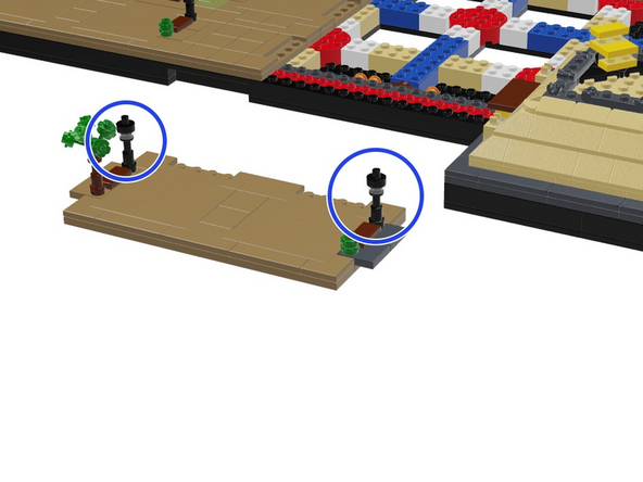 The two blue circles in the illustration for this step show the two lamp posts in Panel 3R. Use the same steps you've used before to mount Microflex LED lights into these lamp posts.