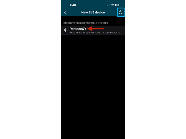 Once you've selected Bluetooth LE as the device type, you should see a list of available devices.  The screenshot for this step shows a test device-- each device is indicated with a long string of numbers, and the numbers for your device will be different that what is shown in the screenshot.