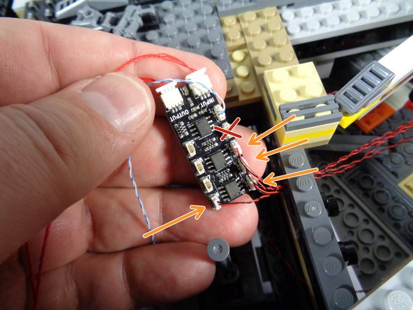 As shown in the photo, carefully connect the four cockpit control panel light wires to plugs #3,4,5, and 6 on the second BRANCH09X adapter board.