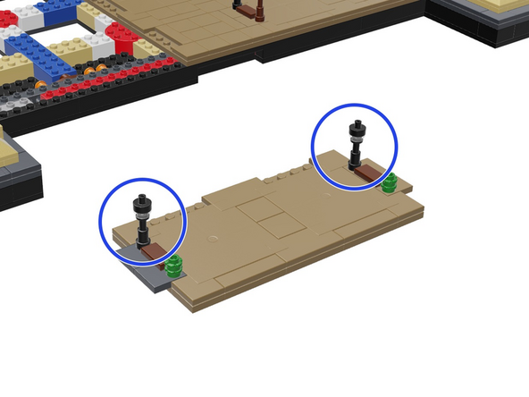 The two blue circles in the illustration for this step show the two lamp posts in Panel 2R.  Use the same steps you've used before to mount Microflex LED lights into these lamp posts.