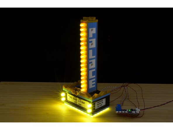 Congratulations!  Your marquee setup is now complete.  You can connect your marquee to a Brickstuff power source (sold separately), and the marquee should turn on and animate as soon as power is applied.