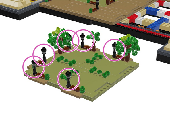 As shown by the six purple circles in the illustration for this step, next you will mount Microflex LED lights into the six lamp posts in Panel 3.