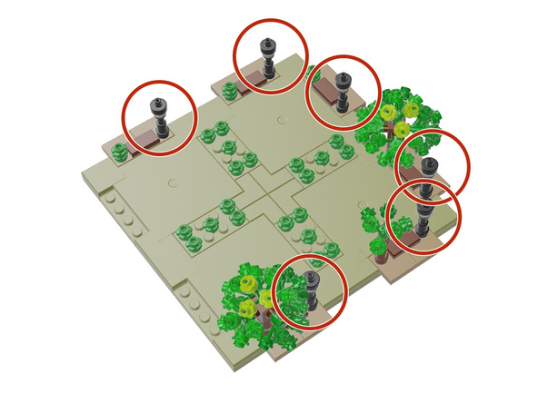 Next you will mount Microflex LED lights into the six lamp posts in the main Panel 1, as shown by the six red circles in the illustration for this step.