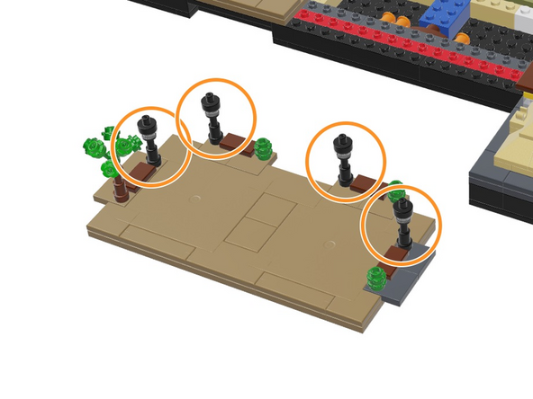 As shown by the four orange circles in the illustration for this step, follow the same steps you've used before to mount Microflex LED lights inside the four lamp posts in Panel 2F.