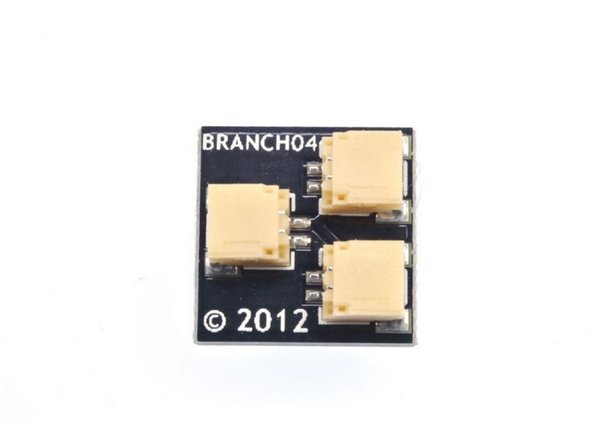 Connect the red and black power cord in this set to any one of the three plugs on the included BRANCH04 adapter board.