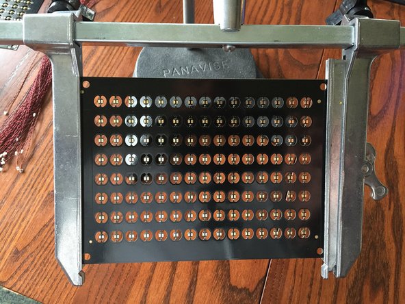 After you have pre-cut all lower fingers on the LED panel, secure the panel for soldering.  We use the Panavise 333 Rapid Assembly Circuit Board Holder.