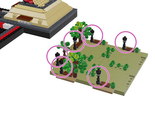 As shown by the six purple circles in the illustration for this step, next you will mount Microflex LED lights into the six lamp posts in Panel 4.